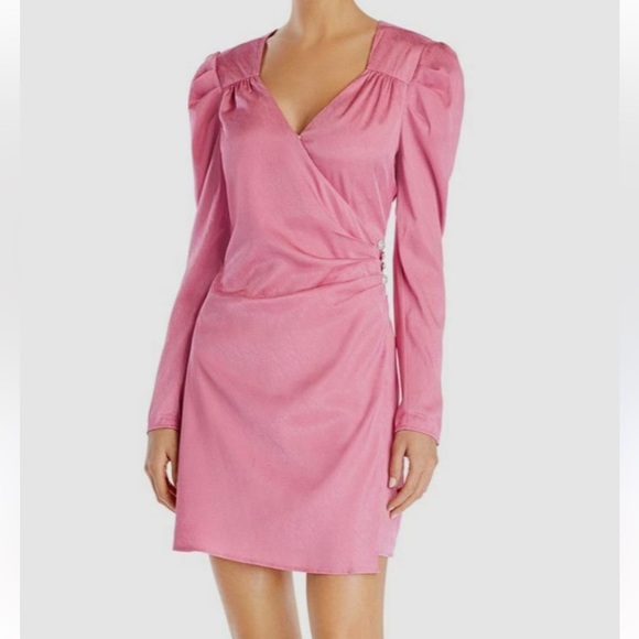WAYF Womens Pink V-Neck Quinn Puff-Sleeve Faux-Wrap Short Mini Dress Size S NWT - Picture 1 of 5